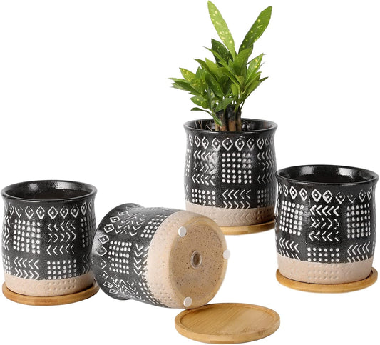 OMAYKEY 4 Inch Ceramic Plant Pot with Tray, Retro Black Small Planters Pots with Drainage Hole & Mesh Pads for Succulent, Indoor Flowers, Snake Plants, Cactus, Herbs, Aloes - 4 Packs
