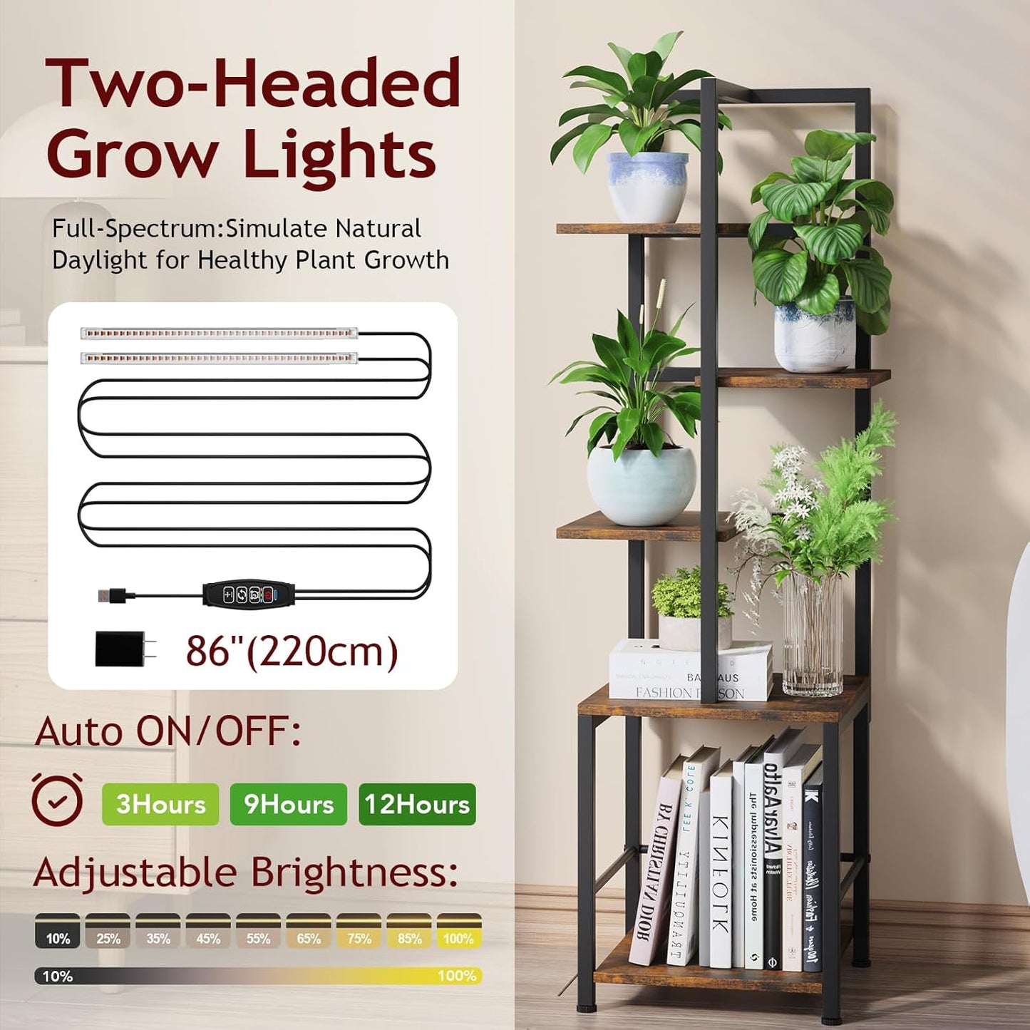 Plant Stand Indoor with Grow Light, 5-Tiered Tall Plant Stand Indoor, Metal Plant Shelf with Bookshelf Bookcase and Adjustable Light, Ideal for Living Room, Reading room, Garden, Patio (Brown)
