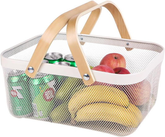 Portable Mesh Harvest Basket - Natural Bamboo Handle Foldable Organizer for Kitchen, Garden & Picnic | Ventilated Storage Bin with Rust-Proof Wire, Space-Saving Farmhouse Decor (White)