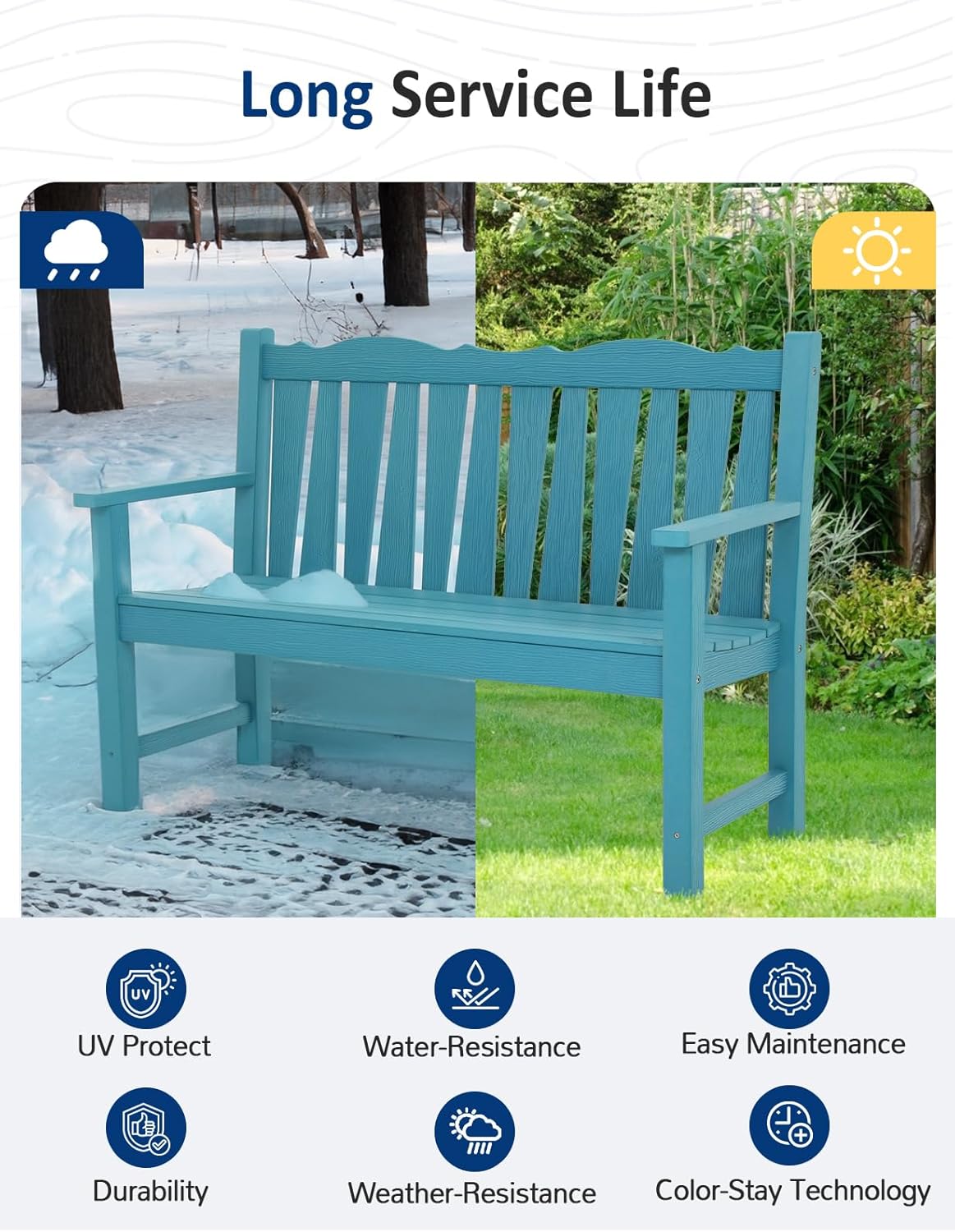 Outdoor Bench Weatherproof, 2-Person Garden Benches for Outdoors, All Weather HIPS Patio Bench Holds up to 800lbs, Never Rot or Fade, Comfort Bench for Porch, Garden, Patio, Backyard and Park