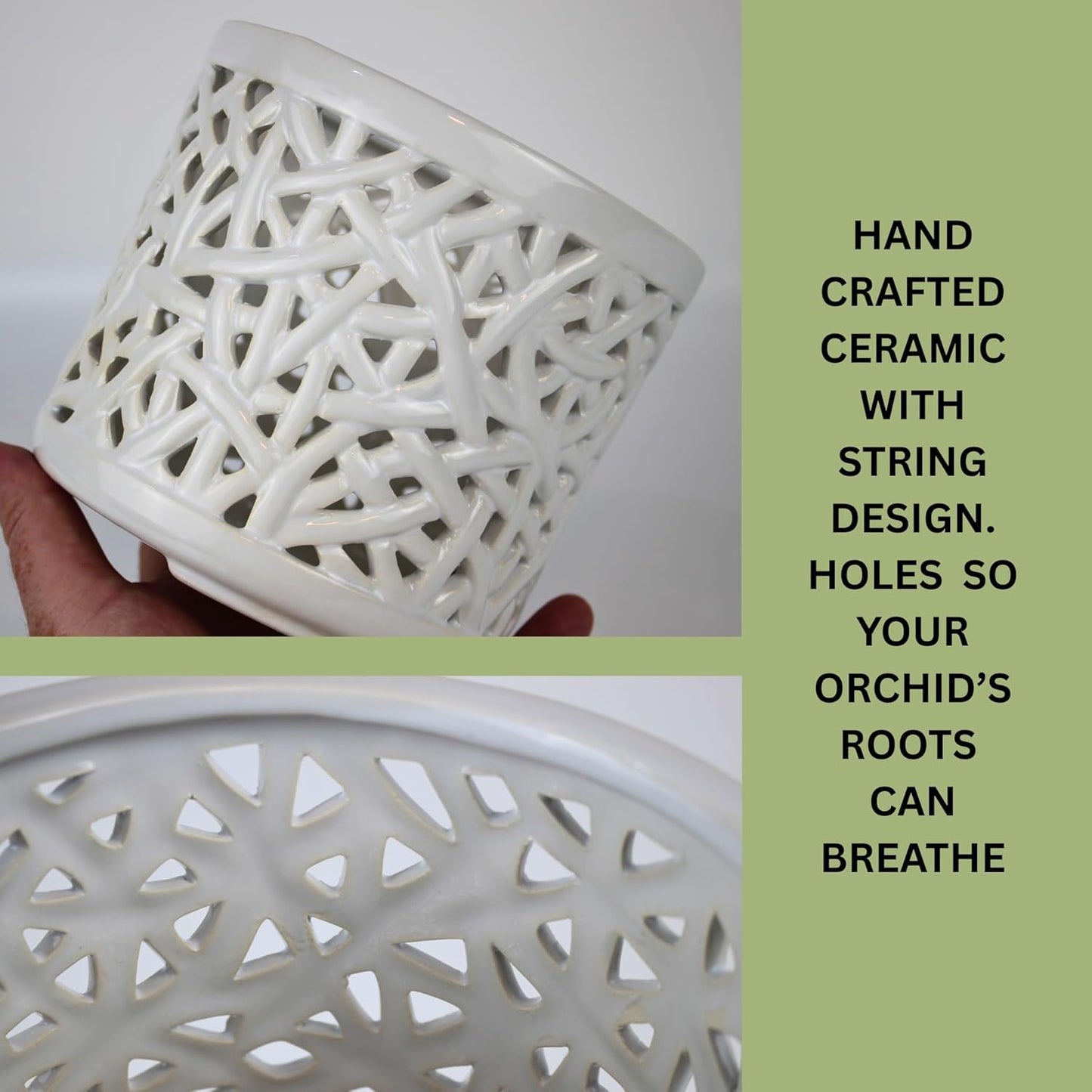 Large Ceramic Orchid Pot with Holes, 6 Inches Wide, for Indoors or Outdoors with Woven String Cut Out Design, Orchid Planters