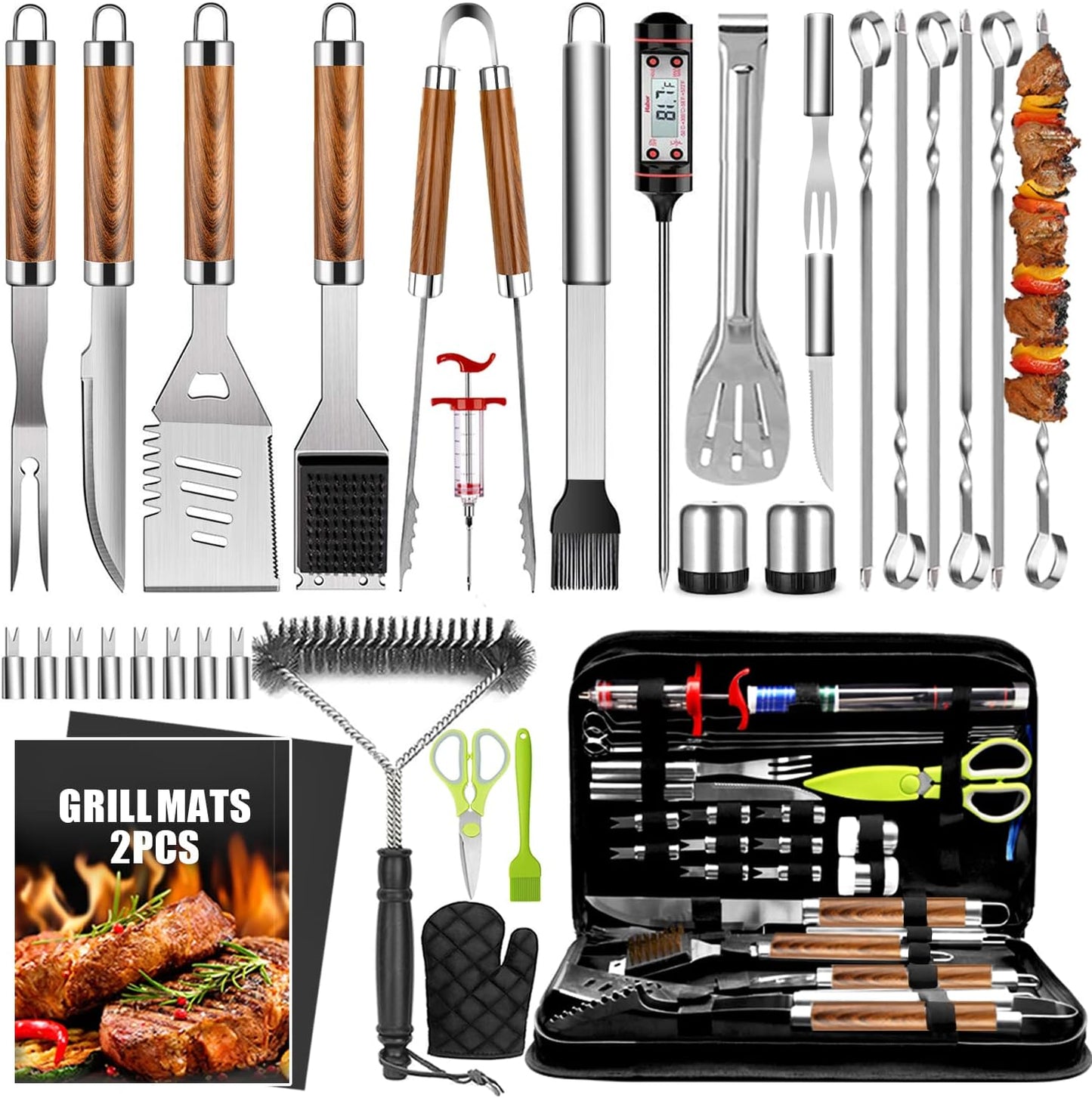 34Pcs Grill Accessories Grilling Gifts for Men, 16 Inches Heavy Duty BBQ Accessories, Stainless Steel BBQ Tools with Thermometer, Grill Mats for Backyard, BBQ Gifts Set for Men Women