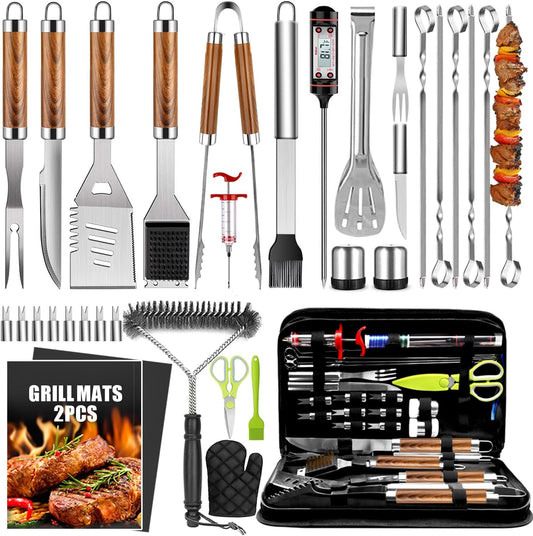 34Pcs Grill Accessories Grilling Gifts for Men, 16 Inches Heavy Duty BBQ Accessories, Stainless Steel BBQ Tools with Thermometer, Grill Mats for Backyard, BBQ Gifts Set for Men Women