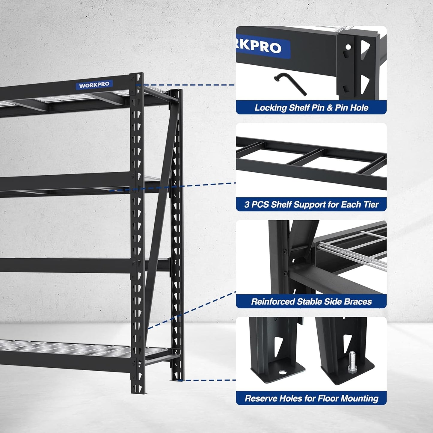 WORKPRO 68" Ultra Wide 4-Tier Metal Garage Shelving Unit, 68"W x 24"D x 65"H, 7200 LBS Capacity, Heavy Duty Storage Utility Rack, Industrial Adjustable Shelves for Shop Warehouse Basement, Pack of 10