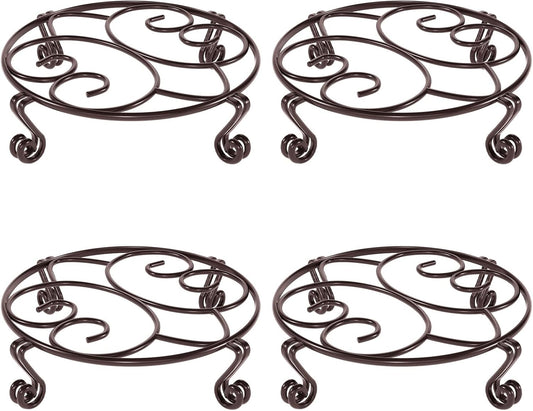 Yimobra 4 Pack Plant Stand for Flower Pot Heavy Duty Potted Holder Indoor Outdoor Metal Rustproof Iron Garden Container Round Supports Rack for Planter (4PC Brown 9.4 x 2 IN)