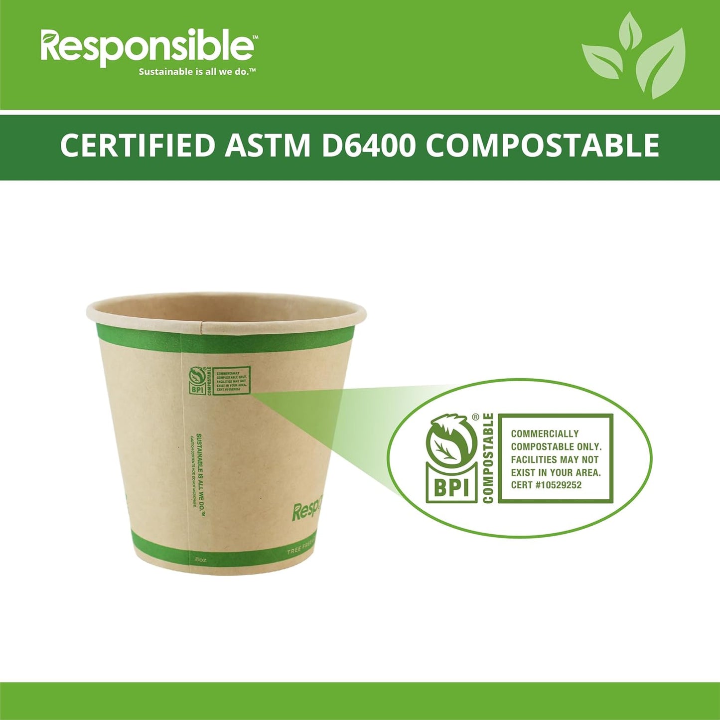 Certified Compostable 8 oz Paper Cups, Cold ＆ Hot Coffee Cups, Disposable Paper Cups, Extra Strength Disposable Cups, Made without PFAS (50 count)