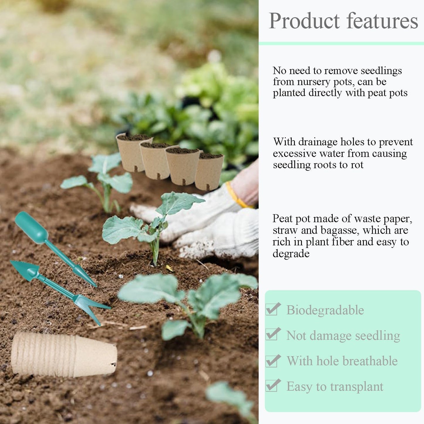 50Pcs Biodegradable Seedling Pots Seed Starter Kit 3.15 Inch Round Peat Pot with Drainage Holes, Plant Labels, Seedling Pickers & Garden Shovels