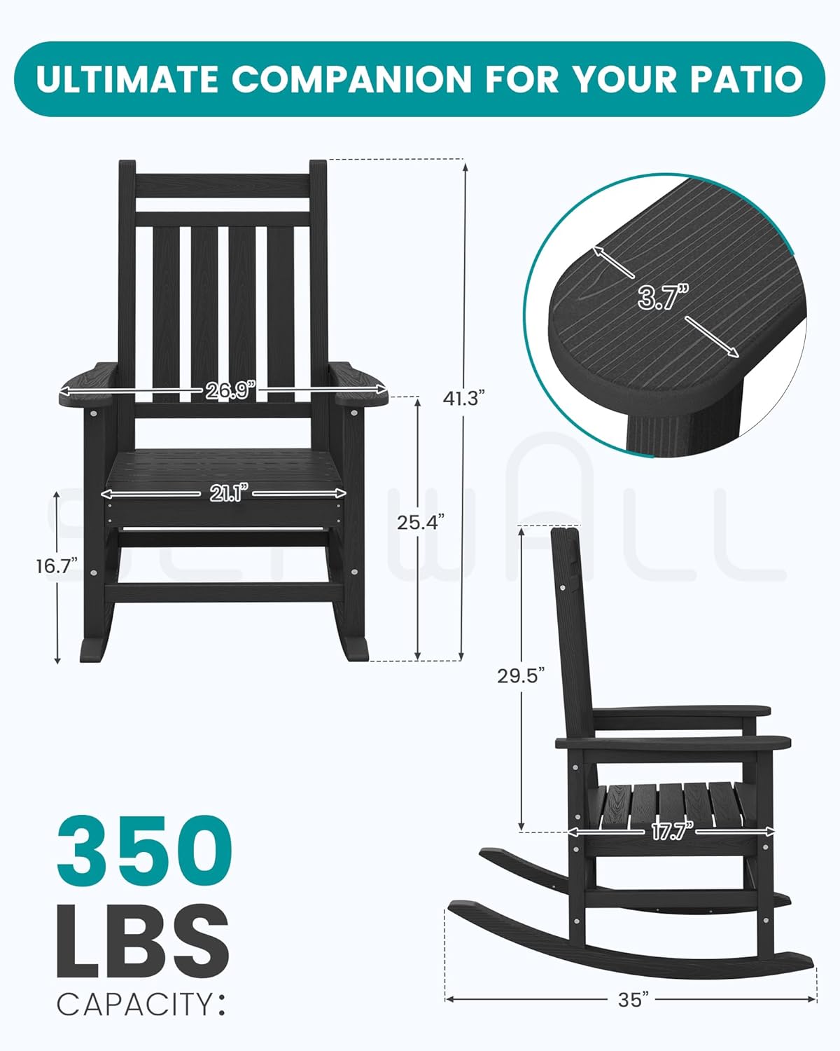 SERWALL Outdoor Rocking Chair Set of 4,HDPE Rocking Chairs for Adult, All Weather Porch Rockers for Lawn Garden, Black