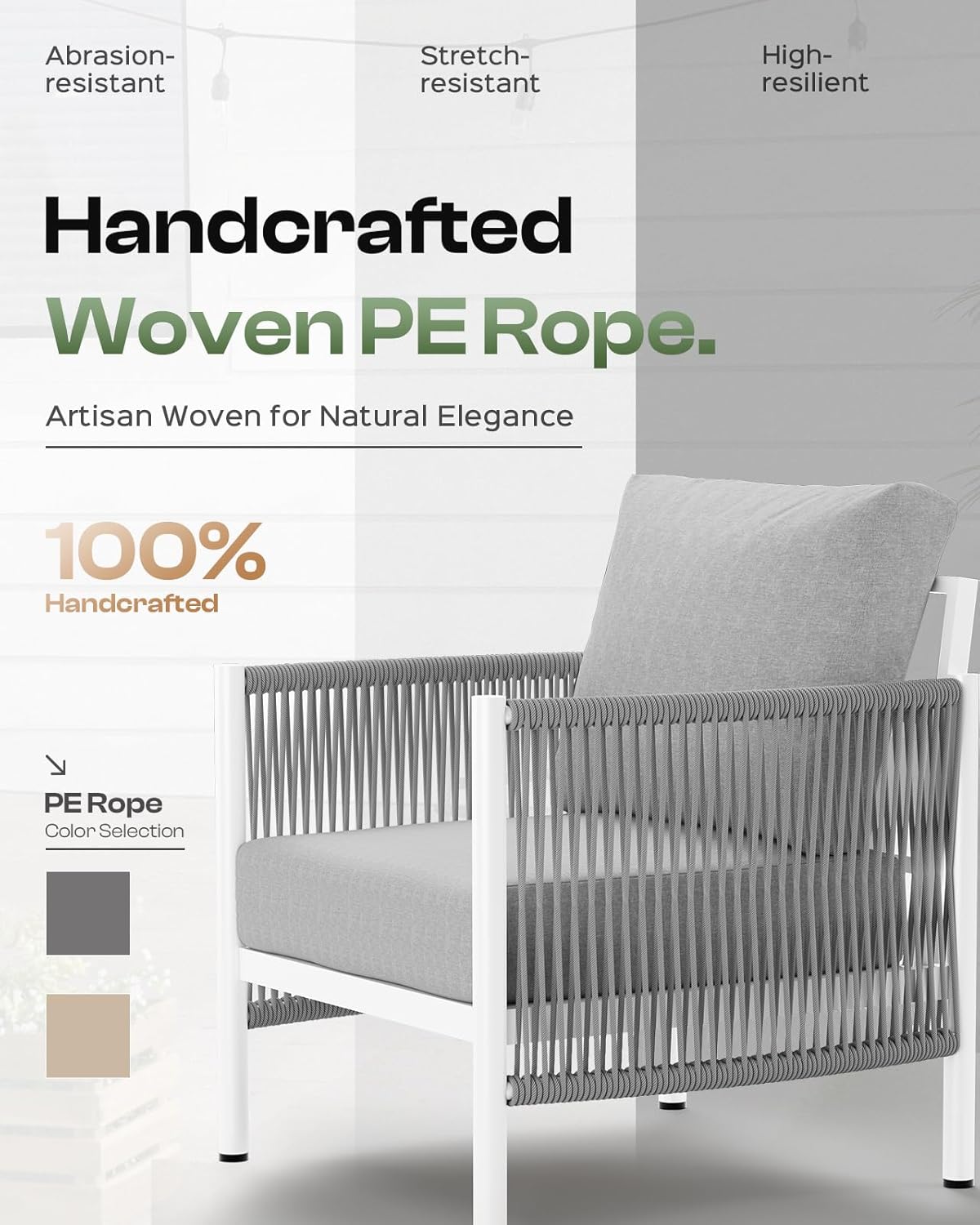 Aluminum Outdoor Patio Couch, 3 Seats HDPE Rope Patio Sofa with Washable Thick Cushion, All-Weather Patio Furniture for Balcony, Yard, White Frame, White