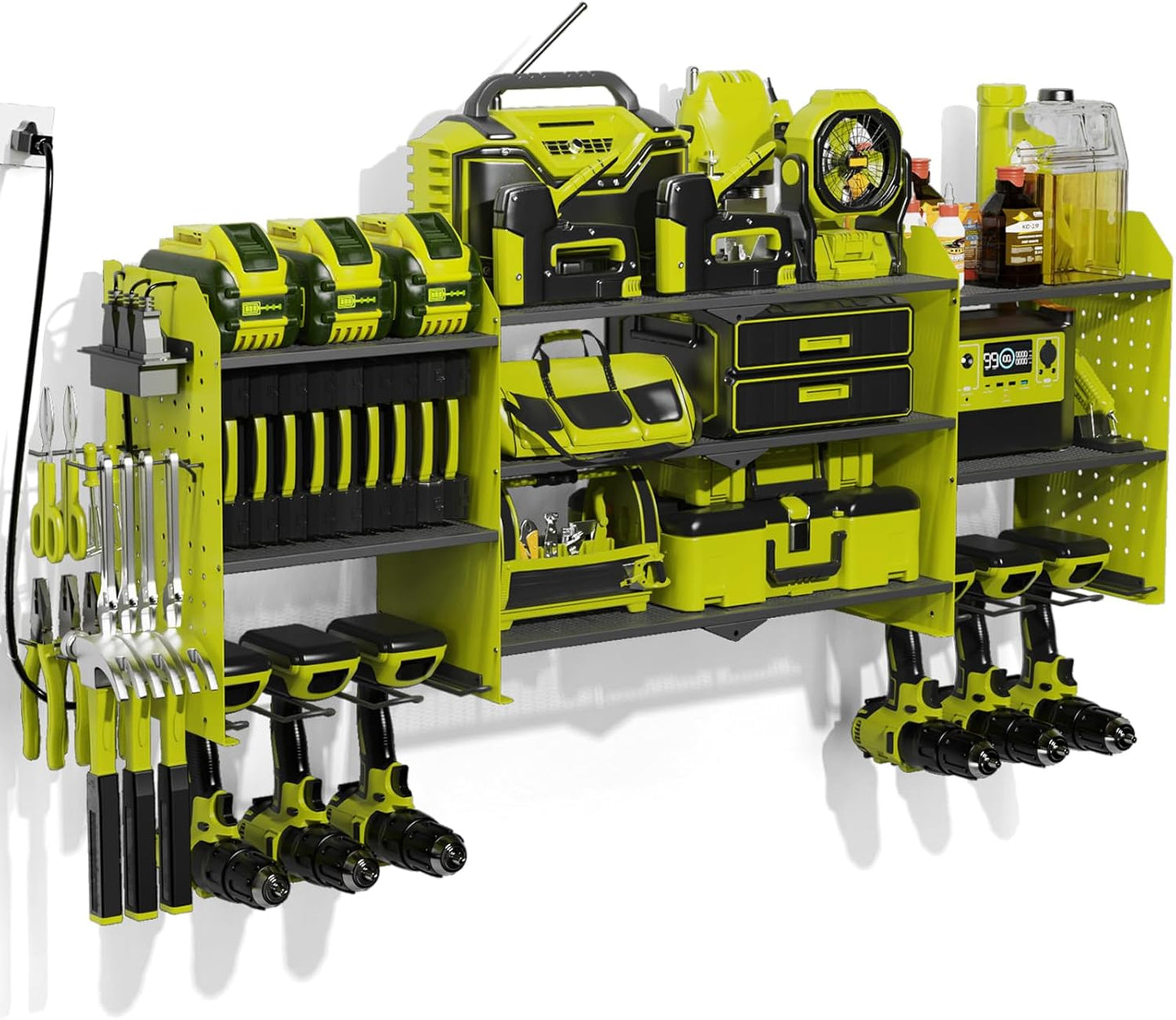 Power Tool Organizer Wall Mount with Charging Station, Expanded Width Tool Organizer for Garage Organization Max. 200lb Load, Heavy Duty Cordless Drill Holder with Outlet Power Strips