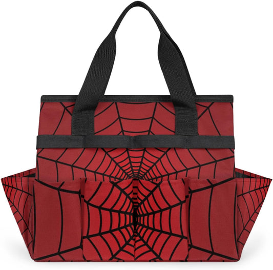 Spiders Web Red Gardening Tool Bag,Heavy Duty Garden Tote Bag,Portable Oxford Gardening Storage Basket Organizer Handbag with Pockets Handle,Hand Tools Gifts for Outdoor Garden Lawn