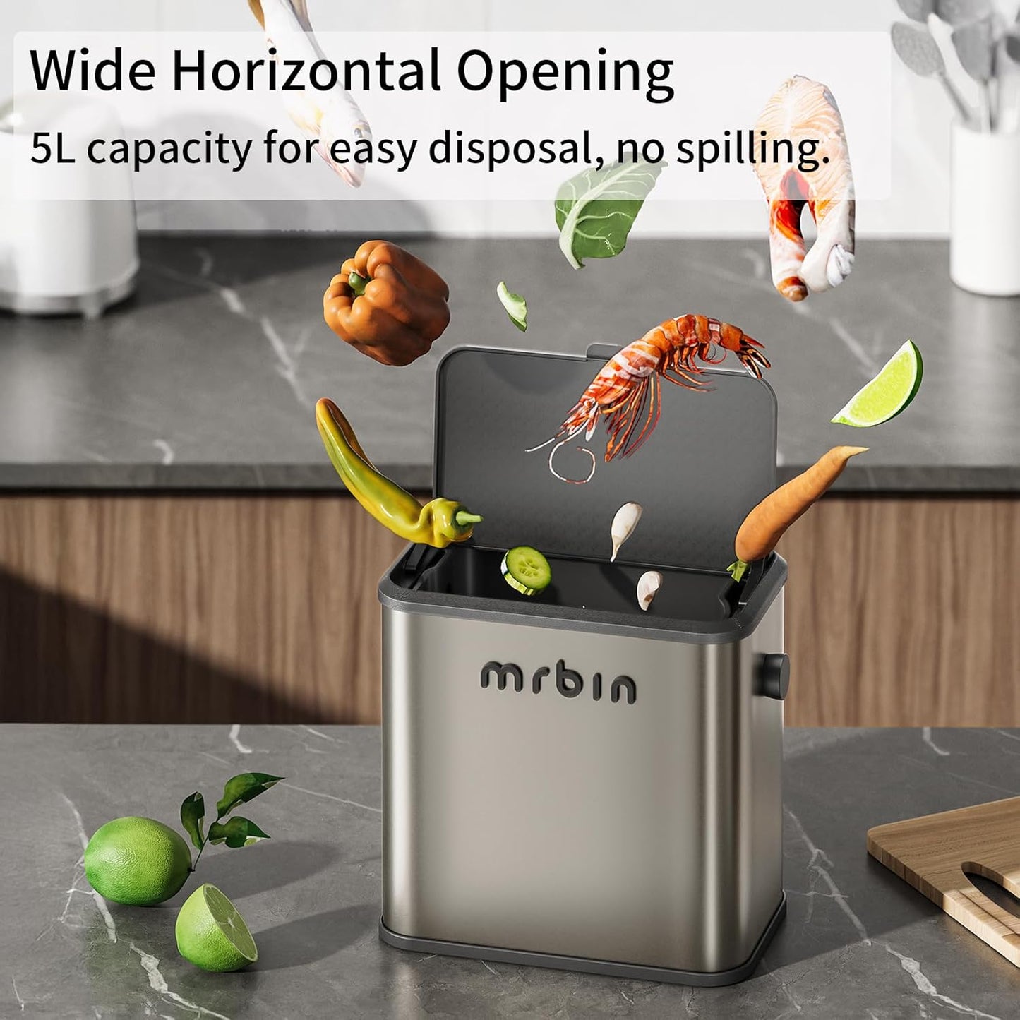 MRBIN Stainless Steel Compost Bin Countertop with Lid, Hanging Trash Can for Kitchen Cabinet Door, Wall Mounted Indoor Recycle Basket Food Waste Scrap Dustbin for Kitchen Under Sink with Inner Bucket