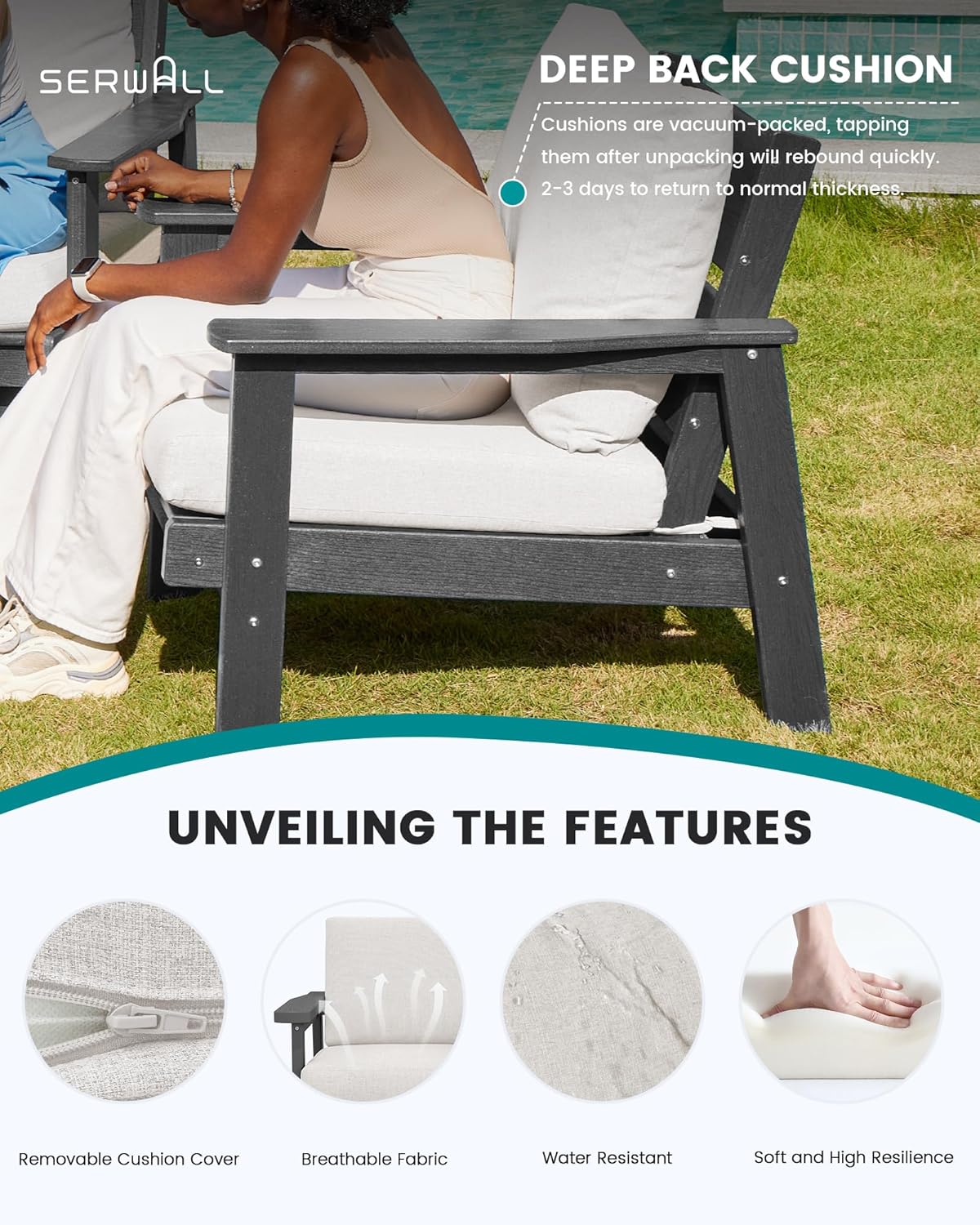 SERWALL HDPE Outdoor Couch, Grey Frame and Khaki Cushion