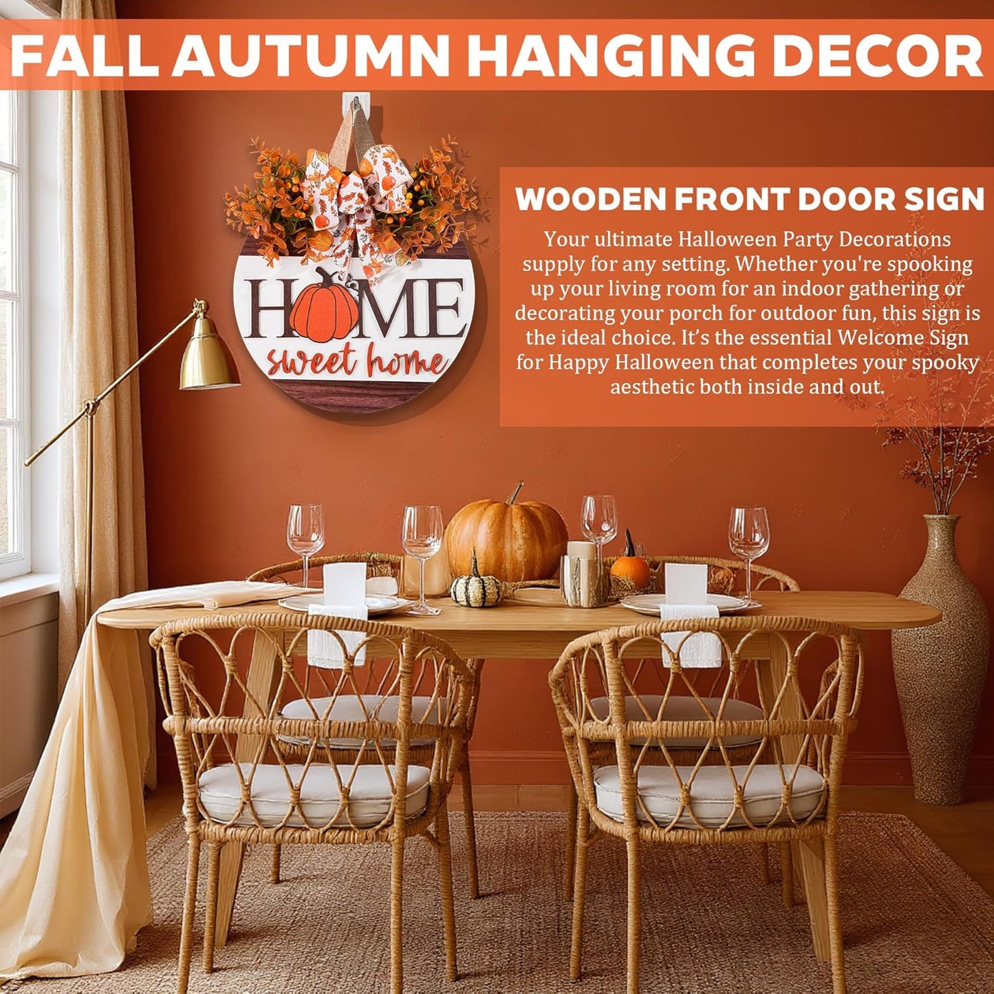 Hello Pumpkin Welcome Wooden Hanging Sign Fall Wreath for Front Door | Fall Autumn Harvest Decor with Bow & Wreath | Farmhouse Rustic Thanksgiving Porch & Wall Plaque | Indoor Outdoor Home Decor