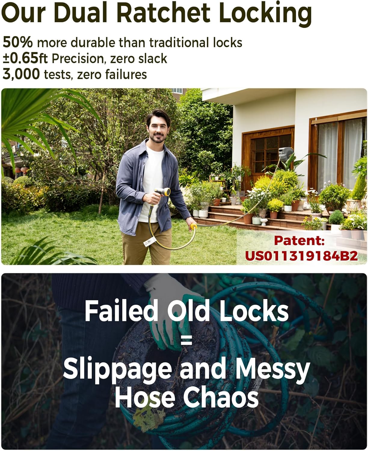 Retractable Garden Hose Reel 1/2 in x 130 ft, 2025 Upgraded Dual Ratchet Lock UV & Freeze Protection Brass Seal Slow Retraction Anti-Tangle Hose 180°Swivel Reinforced Scaffold Wall Mount