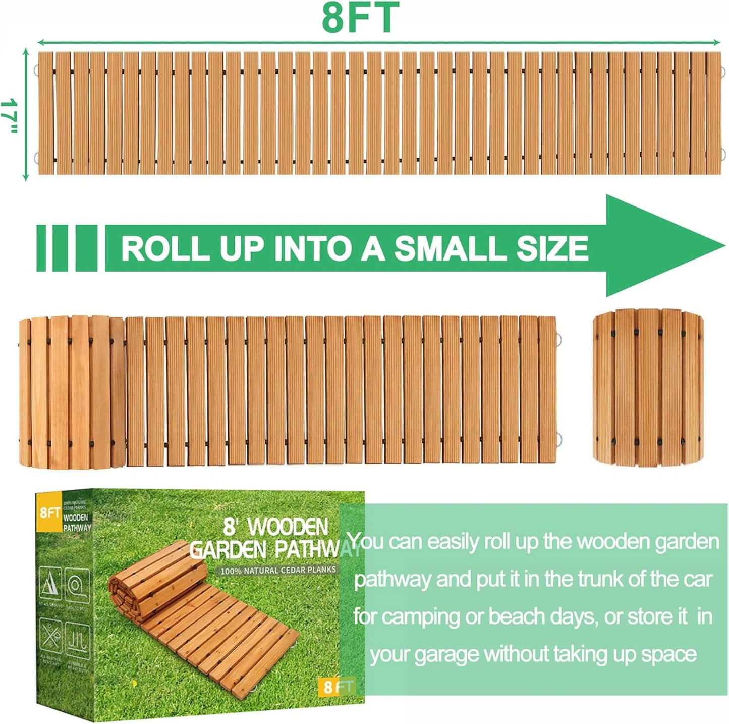 RELIANCER 8' Wooden Garden Pathway,Outdoor Roll Out Cedar Straight Walkway,Patio Path Decorative Garden Boardwalk Walkways,Weather-Resistant Roll Up Beach Wood Road Floor,Wedding Party Pathways