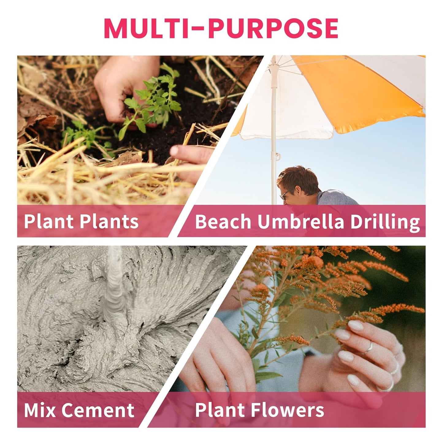 2x32 Inch Pink Long Handle Auger Drill Bit for Planting - Garden Tools Auger Drill Bit, Spiral Garden Auger for Planting Bulbs and Flowers