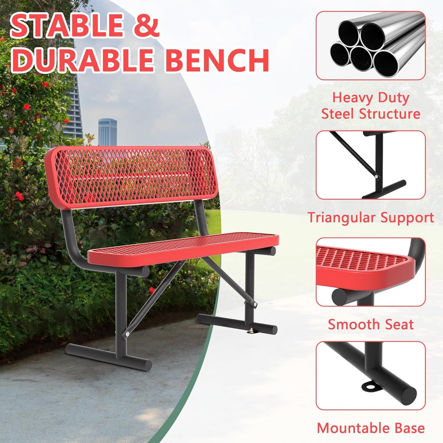 4FT Park Bench for Outside, Heavy-Duty Garden Bench W/ Back, Red Outdoor Metal Bench for Sitting Area, Commercial Bench for School Patio Porch Backyard Sports Church Locker Room Shopping Centers
