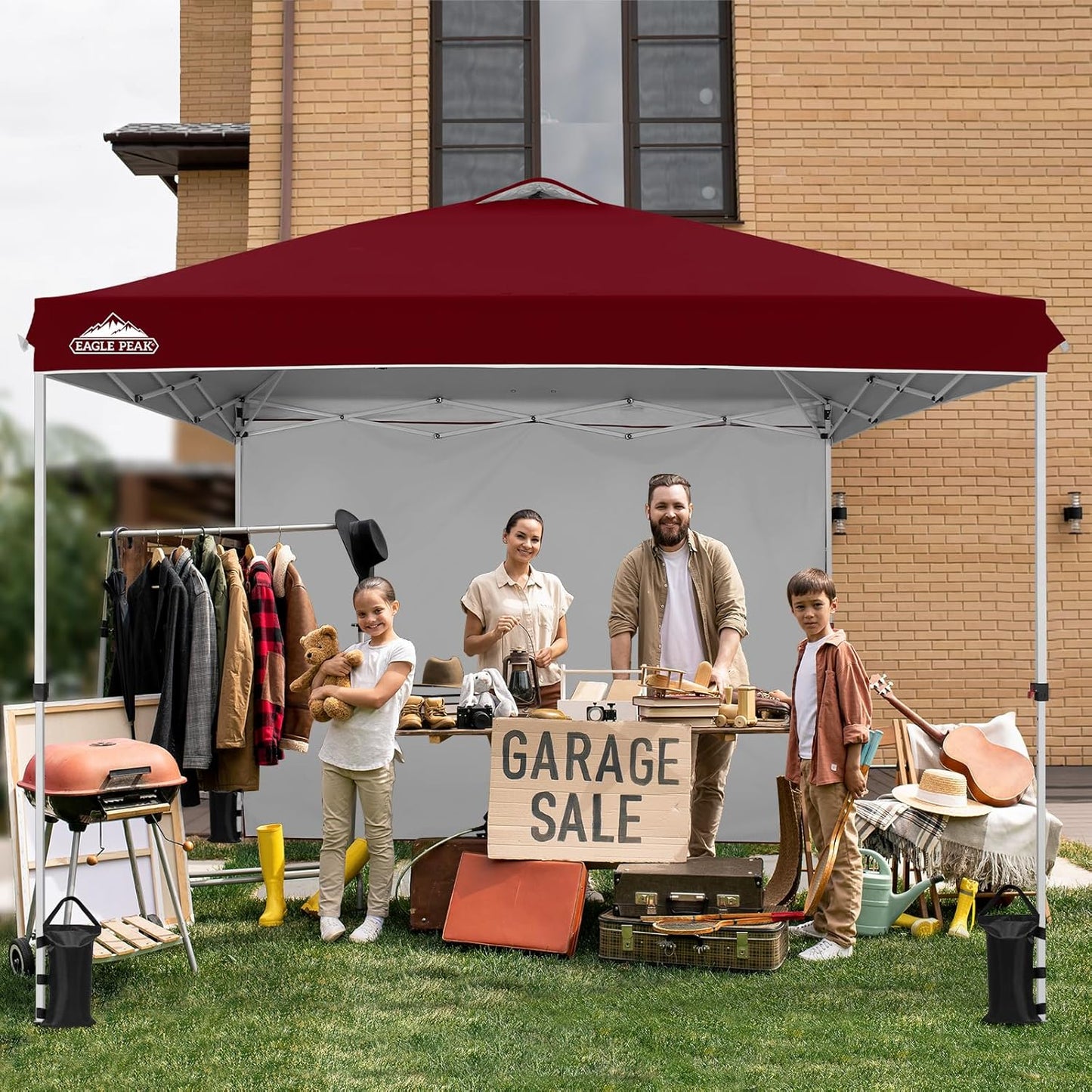 EAGLE PEAK Pop Up Canopy Tent with 1 Sidewall, Easy Setup Event Tent, Outdoor Sun Shade, Wheeled Carry Bag, Stakes and Guy Ropes, Instant Canopy 10x10, Burgundy