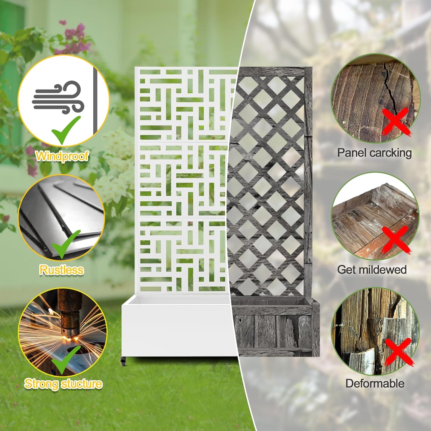 FENCY Metal Raised Garden Bed with Wheels and Trellis,73"x47"x16" Planter Box for Climbing Plants, Vegetables & Vines, Features Privacy Screen and Drainage Holes (White-Geometric Lattice)