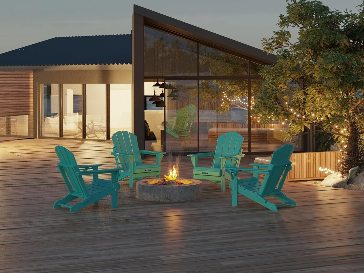 MUCHENGHY Folding Adirondack Chairs and Table Set, Outdoor Chair, Adirondack Chair Plastic, Fire Pit Chair, Weather Resistant with Cup Holder for Deck, Backyard, Garden(Lake Blue, 3-Piece)