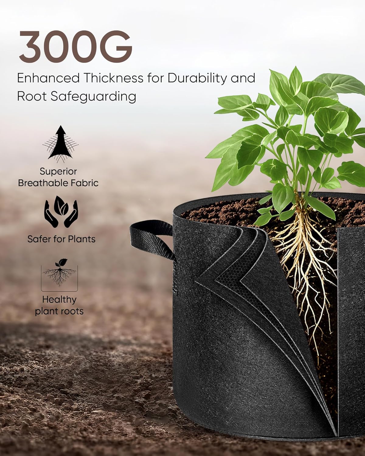 The Growing 5 Pack 5 Gallon Fabric Grow Bags，Thickened Aeration Nonwoven Fabric Plant Pots with Durable Handles,Heavy Duty 300G Planter Pot for Tomato, Fruits, Vegetables and Flowers, Black