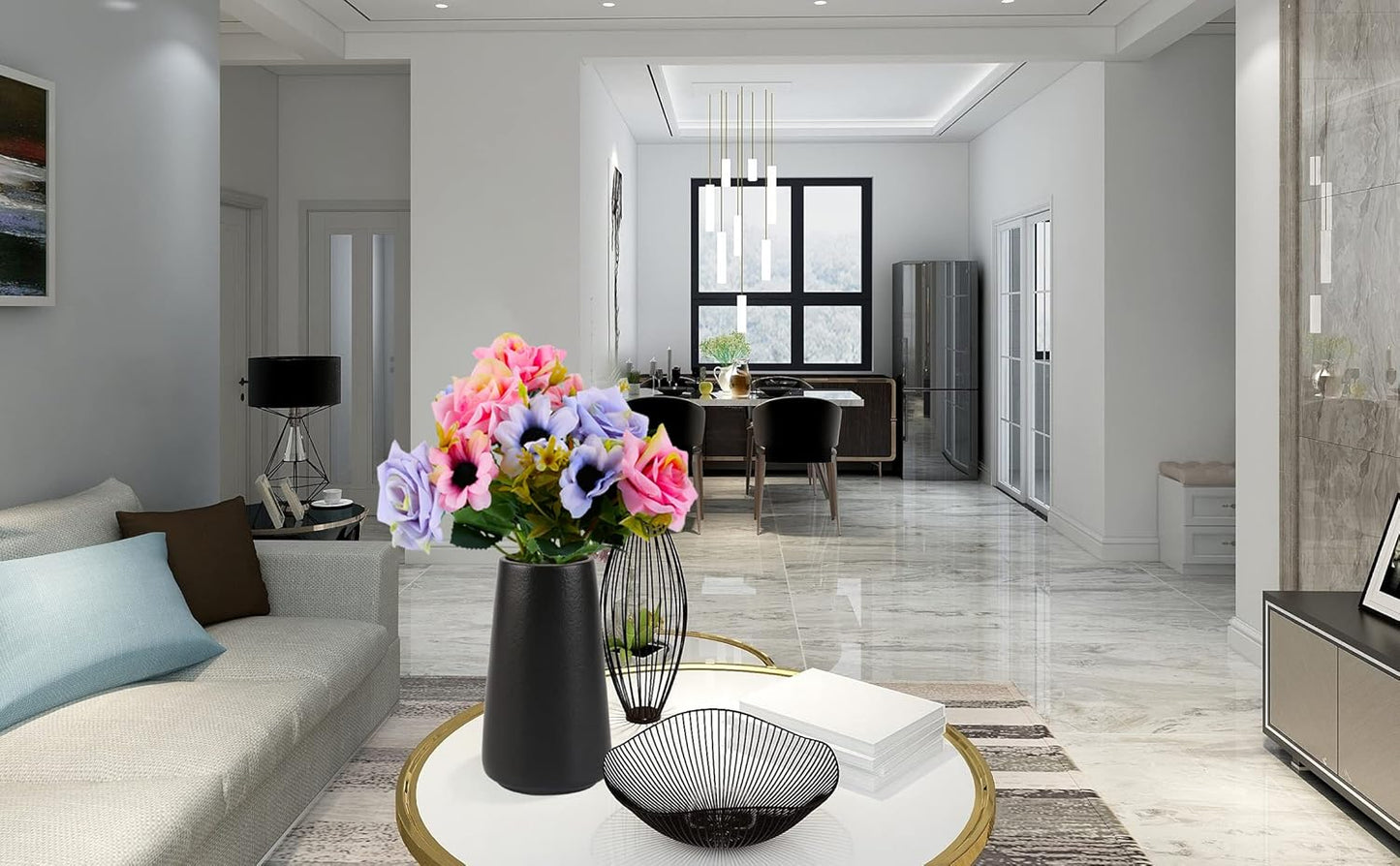 Simple Vase for Flowers Plants, Matte Vases for Modern Table Shelf Home Decor Wedding Boho Decor, 6" H Frosted Elegant Ceramic Vase for Pampas Grass Fluffy Stem Bouquet Lavender Flowers (Black, 2)