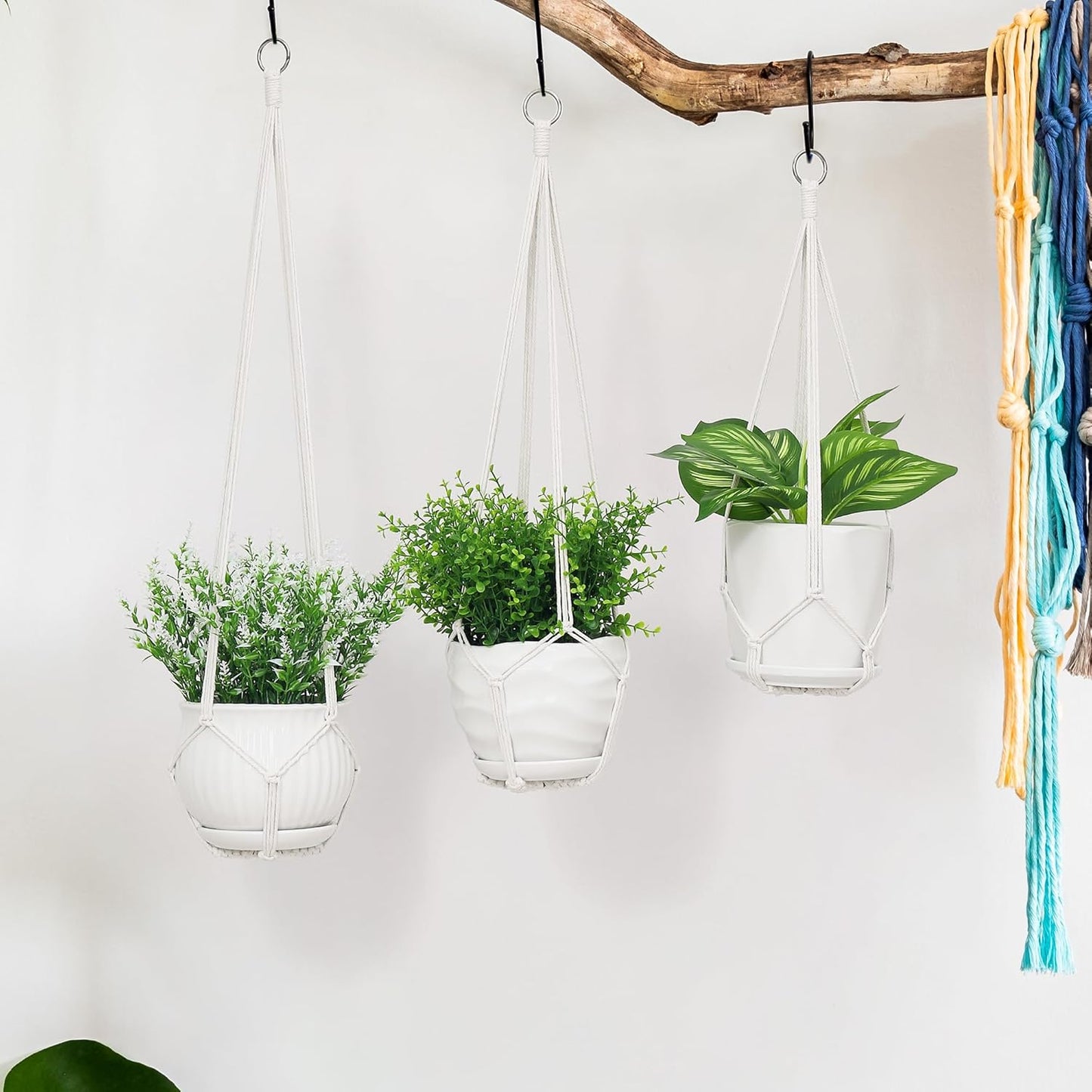 YIBOT 3 Pack Macrame Plant Hanger Indoor Hanging Planter Basket with 3 Hooks, 35"/29"/23" Crochet Plant Holder Stand No Tassels for Indoor Outdoor Boho Home Decor, Ivory (POTS NOT Included)