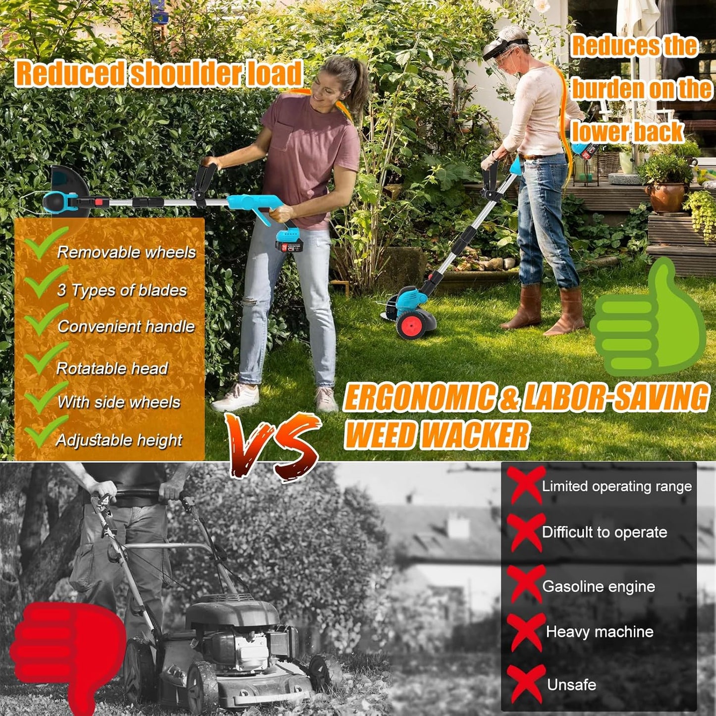 Electric Weed Wacker Cordless Eater Battery Powered,21V/4.0Ah Lightweight No-String Weed Trimmer with 2 Battery Operated& Wheels,3 in 1 Stringless Grass Trimmer/Edger/Brush Cutter for Garden Yard Lawn