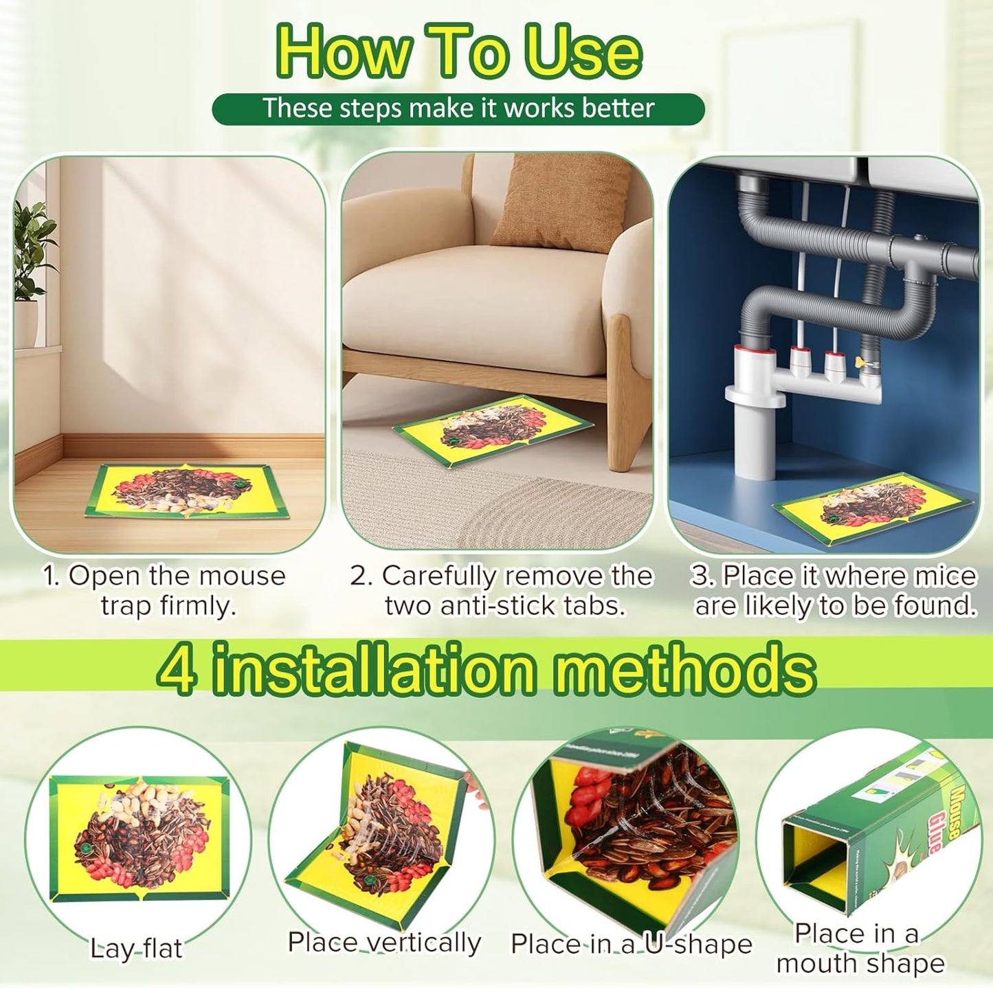 Qualirey 12 Pack Sticky Mouse Traps, Extra Large Glue Boards 8.3 x 11.8 Inch with Nut Attractant Print, Non-Toxic, Ready-to-use Indoor Rodent Catchers for Mice & Rats