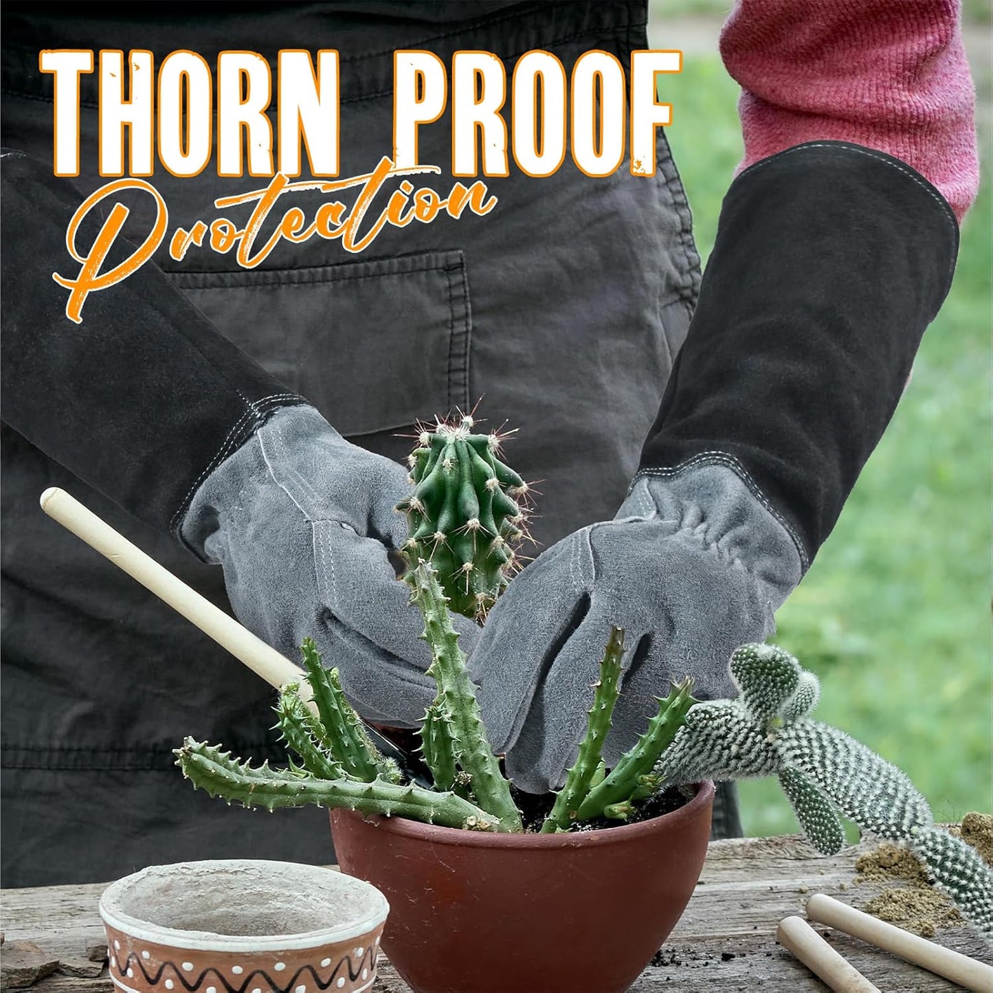 HANDLANDY Long Gardening Gloves for Men & Women, Cowhide Leather Rose Pruning Gloves, Breathable Thorn Proof Gauntlet Glove (Dark Grey-Black, L)