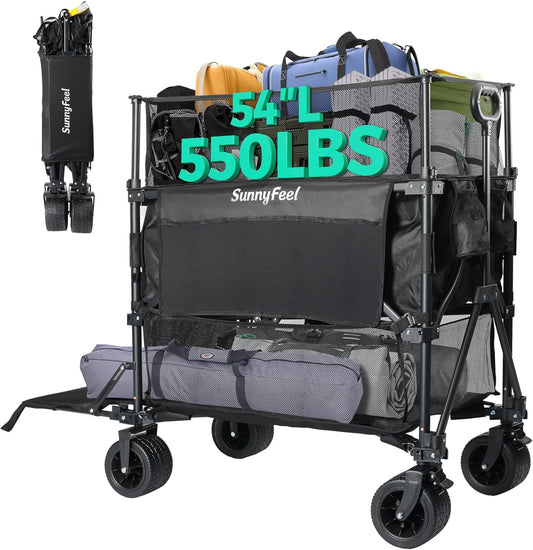 SUNNYFEEL 550L Large Capacity Folding Sports Wagon, 550LBS Heavy Duty Collapsible Cart,Extra High Extender Wagon Cart with Tailgate, All-Terrain Big Wheels for Camping Fishing & Outdoor Use，Black