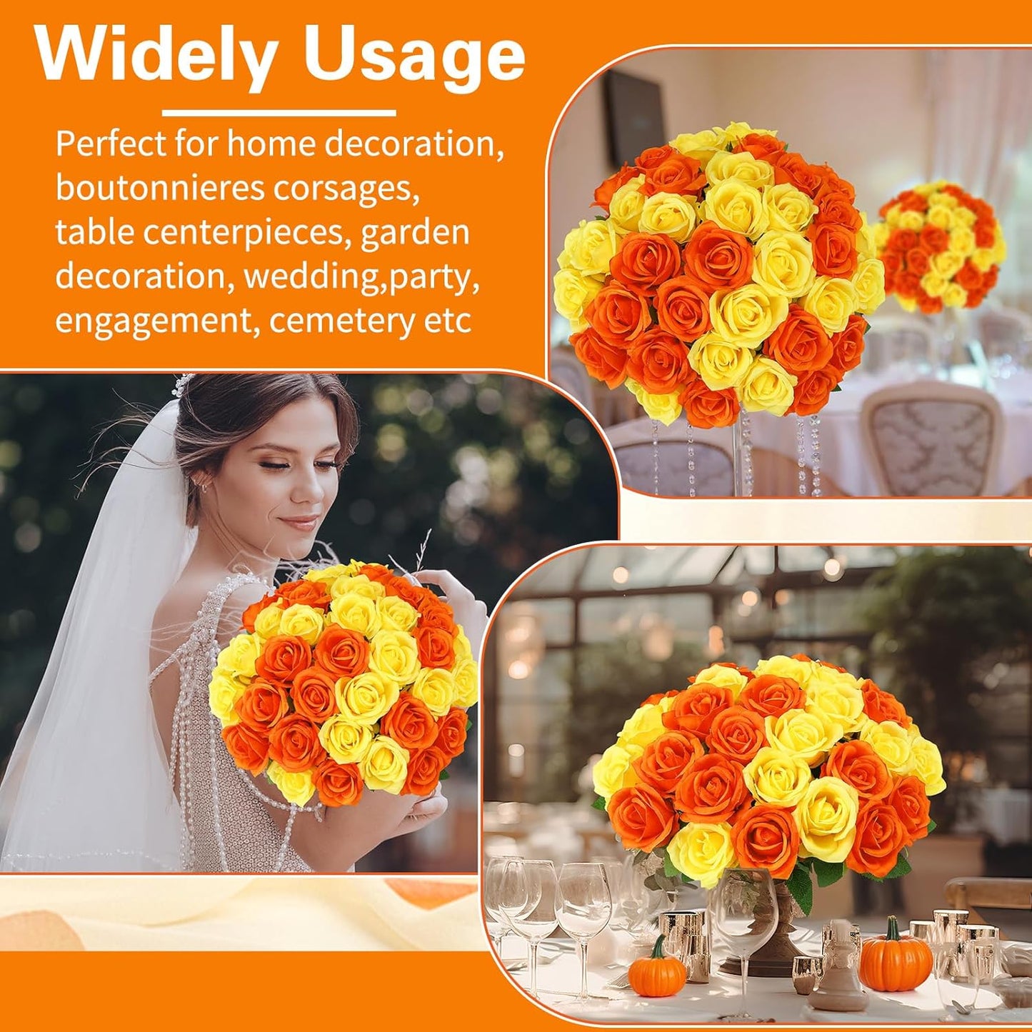 36 Pcs Yellow, Orange Artificial Roses with Long Stems, Purple Fake Silk Rose Artificial Flowers Bulk for Bridal Wedding Bouquet Centerpiece Ball Arrangement Party Decor