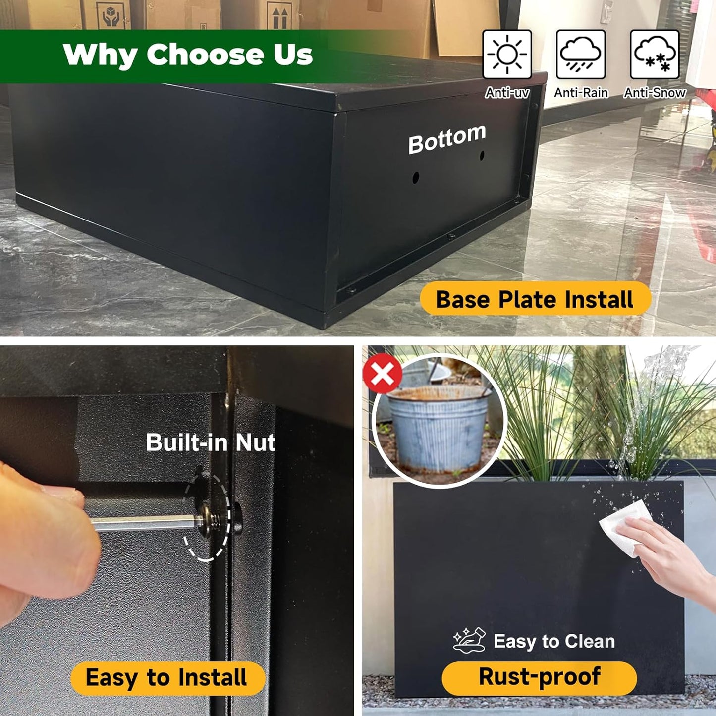 Galvanized Steel Metallic Heavy Planter for Outdoor Plants Metal Outdoor Planter Spliced Flower Box with Partitions for Outside,Indoor,Garden (Black, 36 * 15 * 24)