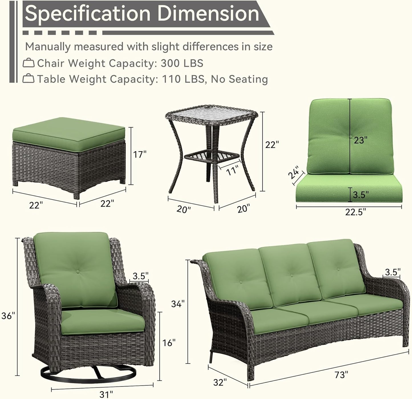 Wicker Patio Furniture Set 6 Piece, Outdoor Furniture Patio Conversation Set Includes 1 Three-Seat Sofa, 2 Swivel Rocker Chairs, 2 Ottomans and 1 Side Table,Green