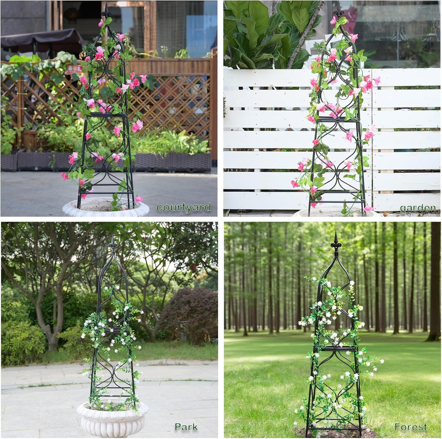 Obelisk Trellis for Garden - 38.3" x 10.03" Durable Metal Climbing Support for Roses, Vines & Flowers | Elegant Black Design with Decorative Top & Hollow Sides