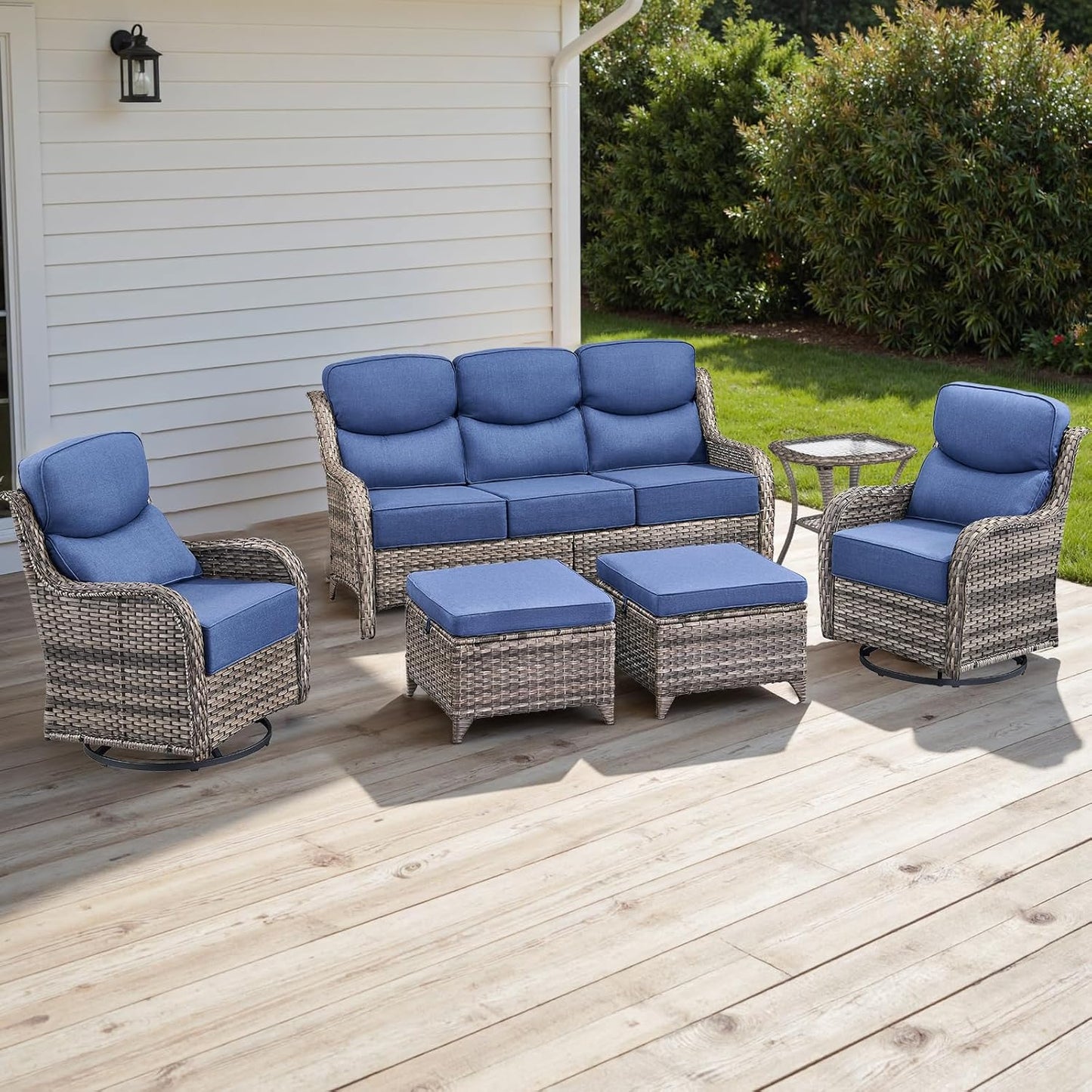 Wicker Outdoor Patio Furniture Sets - 6 Piece Patio Conversation Set with Swivel Rocker Chairs, Ottomans, Sofa and Side Table, 6 inch Cushions, Waterproof Wicker, for Porch Deck Mixed Grey/Blue