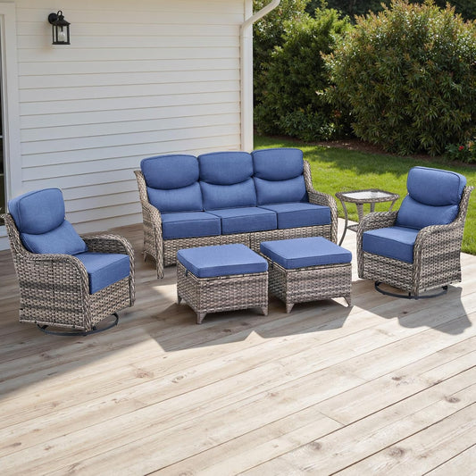 Wicker Outdoor Patio Furniture Sets - 6 Piece Patio Conversation Set with Swivel Rocker Chairs, Ottomans, Sofa and Side Table, 6 inch Cushions, Waterproof Wicker, for Porch Deck Mixed Grey/Blue