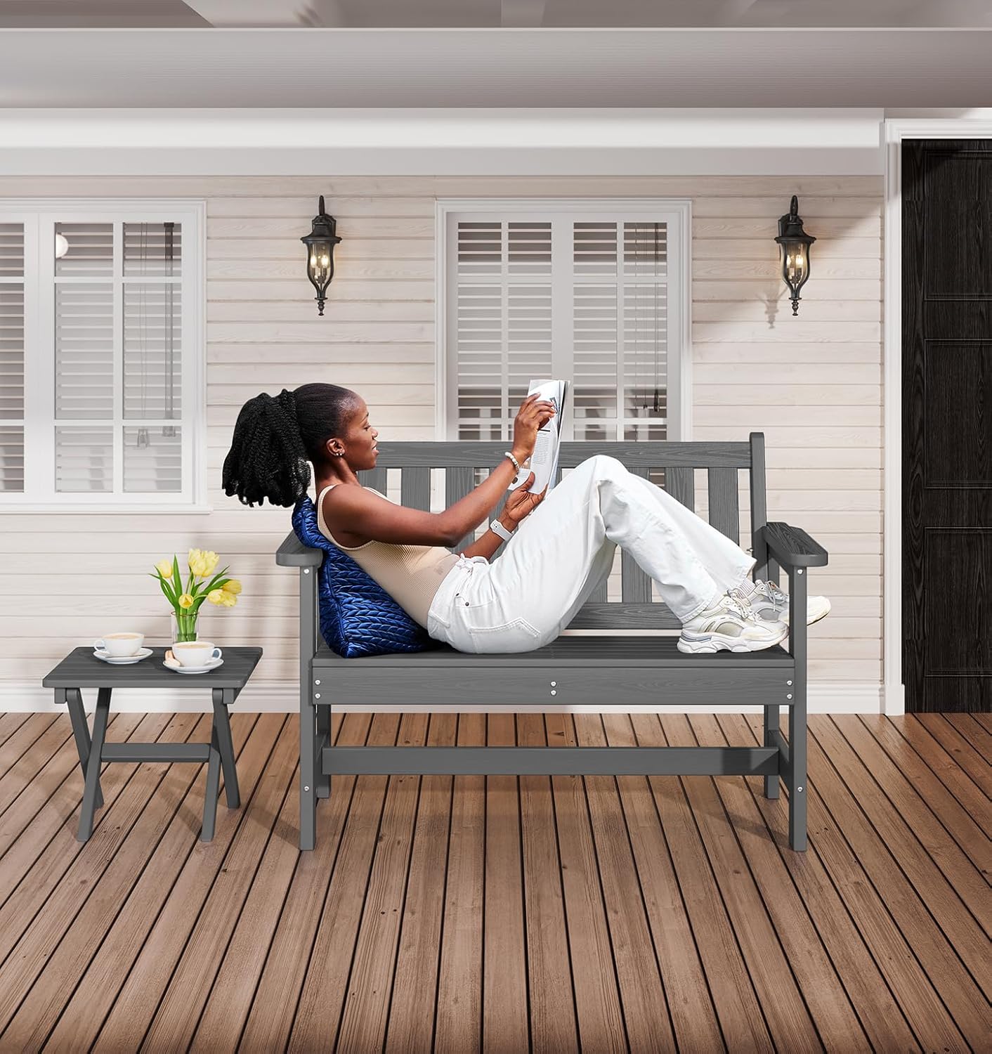 SERWALL Outdoor Bench, HDPE Outdoor Benches Weatherproof, 2-Person Garden Bench with 660 lbs Weight Capacity, Patio Benches for Outdoors, Garden, Porch, Backyard and Park, Grey, 6 Pack