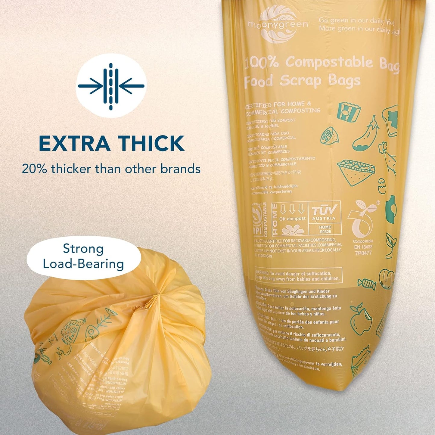 Compostable Trash Bags 13 Gallon, Tall Kitchen Food Waste Bags, US BPI ASTM D6400 and Europe OK Compost Home Certified, Heavy-Duty, 49.2 Liter, 100 Count, Extra Thick