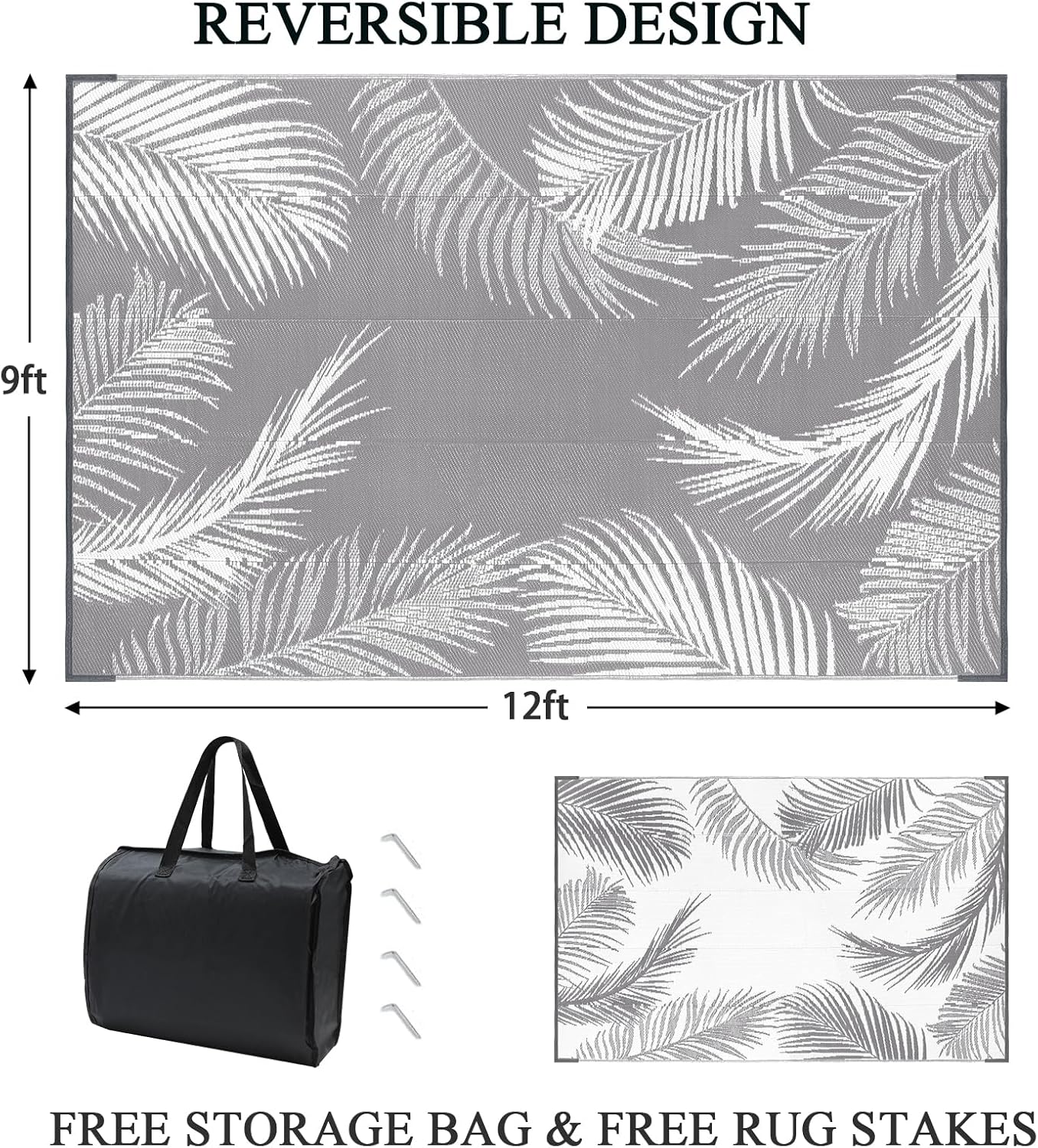 Pauwer Waterproof Outdoor Rug 9x12, Reversible Plastic Straw Patio Camping Rug, Indoor Outdoor RV Mat Carpet for Deck, Camper, Porch, Balcony, Backyard, Picnic, Leaf Grey