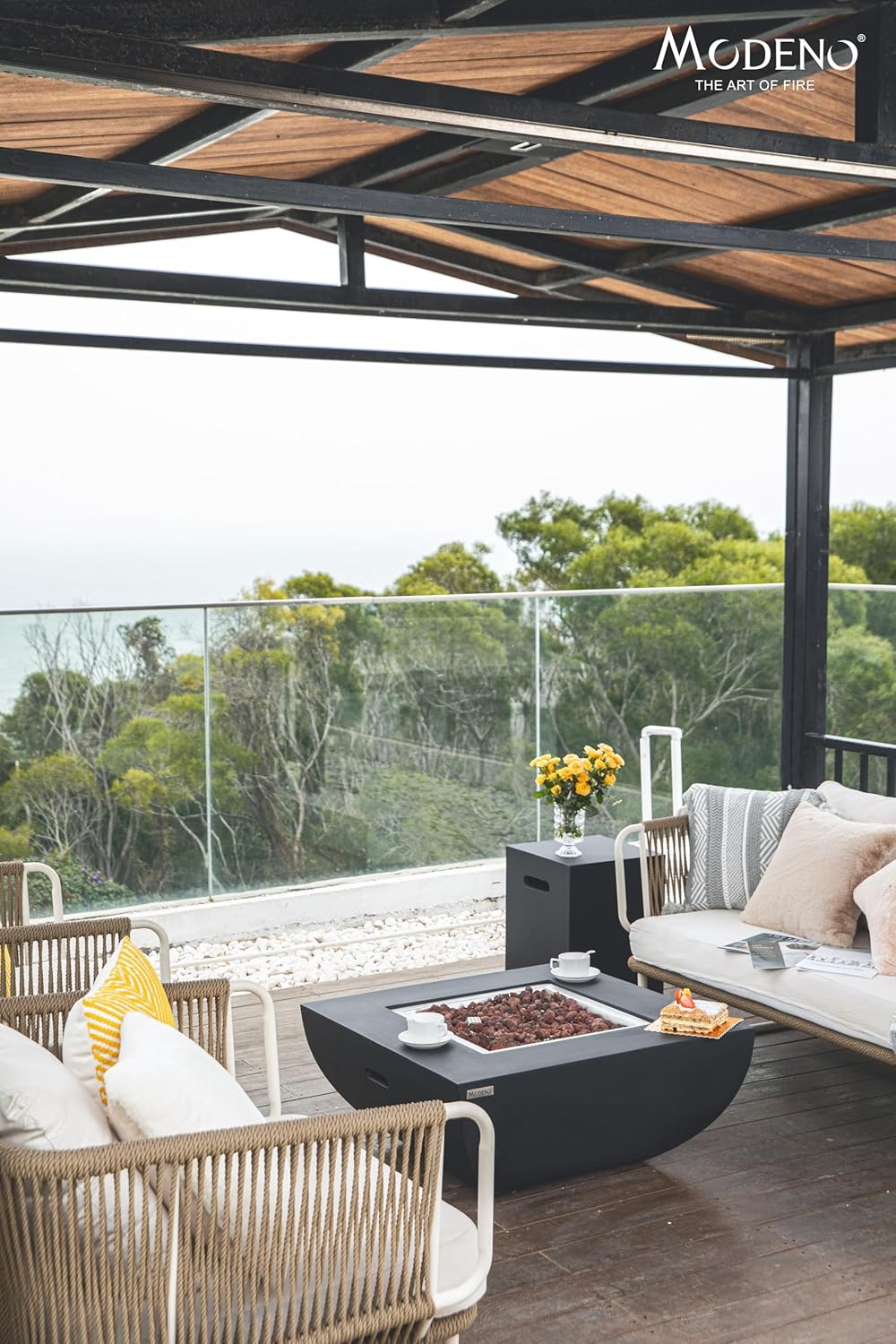 AMS Fireplace | Modeno Aurora Package | Black Liquid Propane Gas Fire Pit Table for Outside Patio Bundle with Tank Cover, Wind Guard, and SS Burner Lid | Free Rubber Mat & Ice Bucket