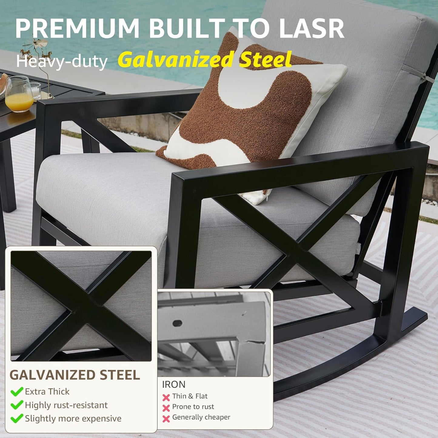 NATURAL EXPRESSIONS Patio Rocking Bistro Set, 3 Piece Outdoor Conversation Furniture Set with 2 Rockers and 1 Metal Coffee Table with Thick Cushions,2 Pack Patio Chair Covers Included