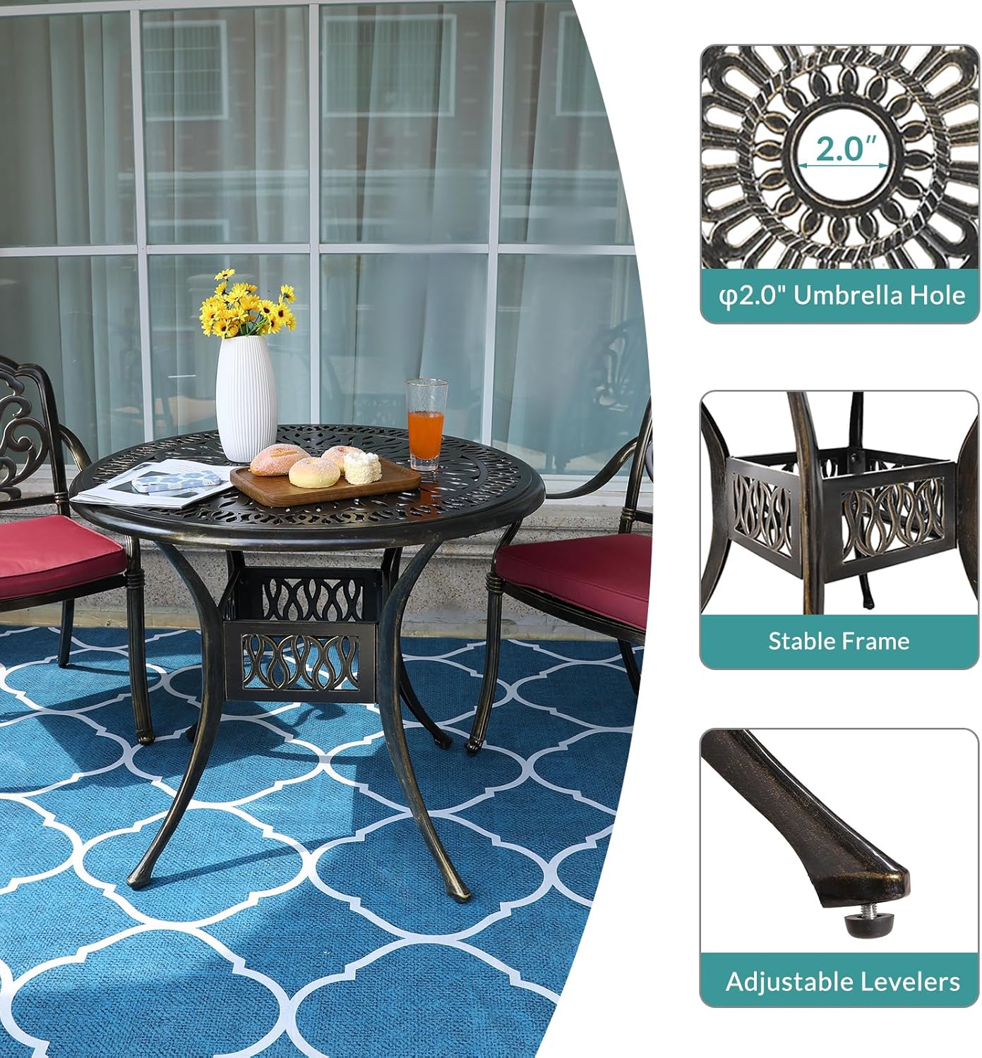 MEETWARM 3 Piece Patio Bistro Set, Outdoor All-Weather Cast Aluminum Dining Furniture Set Includes 2 Cushioned Chairs and a 35.4” Round Table with Umbrella Hole for Garden Deck, Chili Red