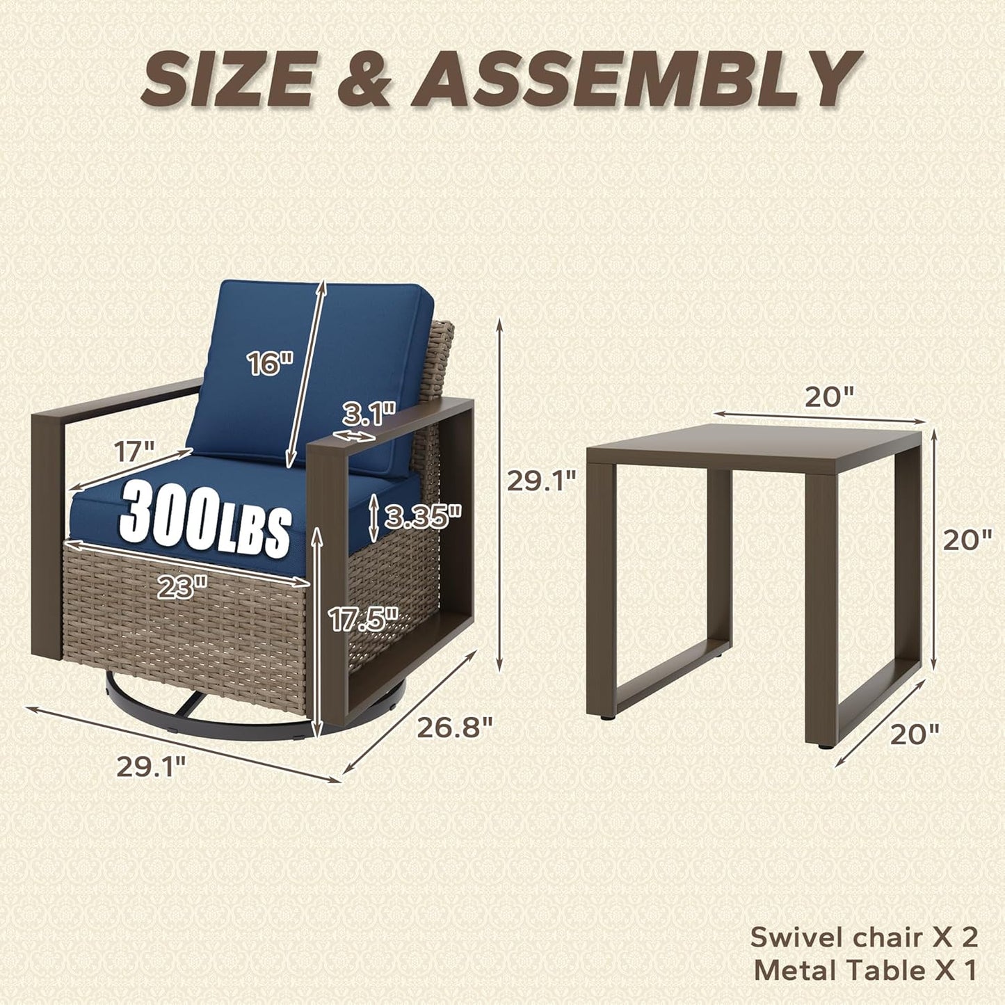 Outdoor Swivel Rocker Metal Chairs Set of 2 with Small Coffee Table - 3 Pieces Patio Bistro Set with Rectangular Framed Wood-Looking Metal Armrest, 360 Degree Glider Chairs, Dark Blue