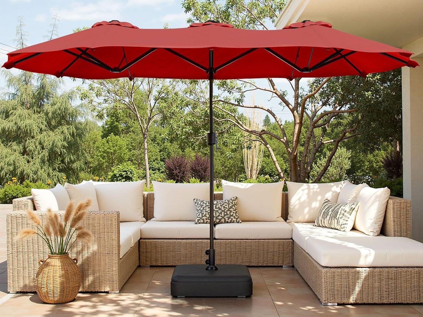 Shintenchi 16FT Large Patio Umbrella with Base, Outdoor Double-Sided Rectangular Umbrella, Market Umbrella with Crank Handle for Poolside Lawn Garden, Red