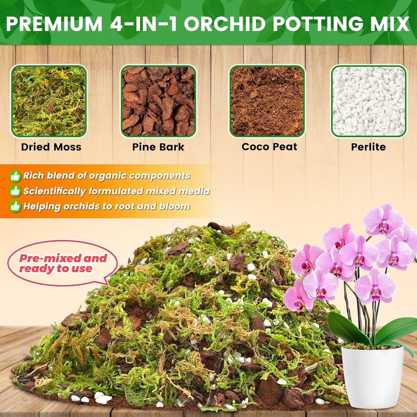 Legigo 4 QT Orchid Potting Mix- Natural Orchid Soil Mix for Repotting with Moss, Pine Bark, Coco Peat and Perlite, Enhanced Drainage Orchid Bark Potting Mix Repotting Kit for Indoor Plant Growth