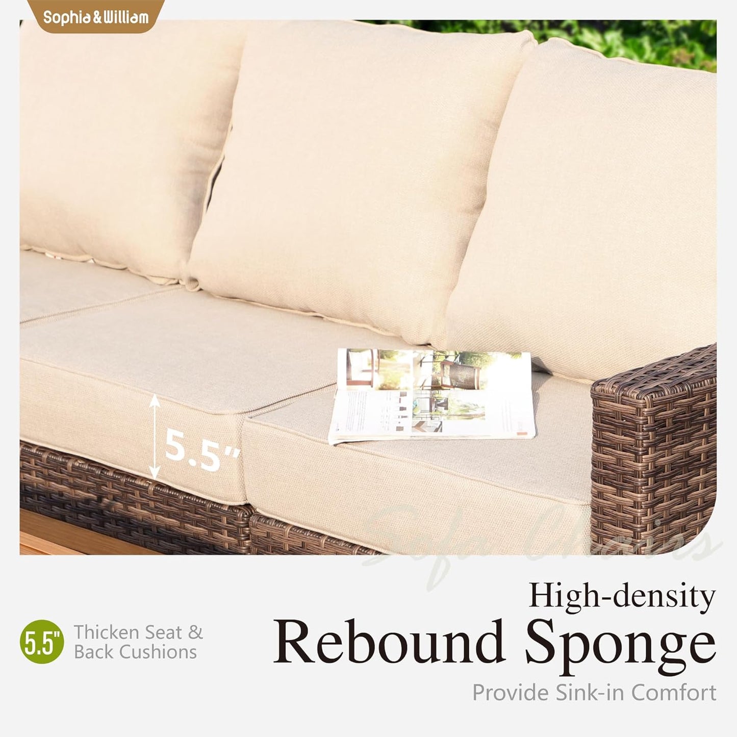 Sophia & William Large Patio Furniture Set, 8 Piece Luxury Rattan Outdoor Sectional Furniture Set, Patio Conversation Set with 3 Armless Sofa, 2 Corner Sofa, 2 Single Sofa, 2 Coffee Table(Beige)