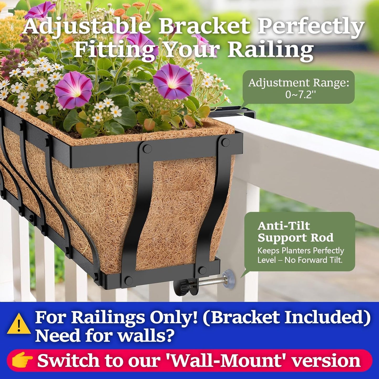 Railing Planter Boxes, Heavy Duty Window Box Planters, Adjustable Balcony Planters for Railing Hanging, with Coco Liner & Support Rod for Deck, Porch, and Patio Gardening (3 Pack, 24 Inch)