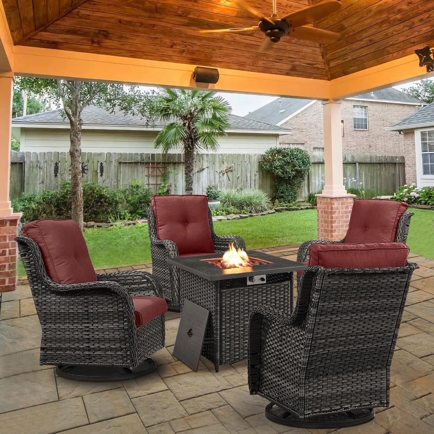5 Pieces Patio Wicker Furniture Set - 4 Outdoor Swivel Rocker Glider Chairs with 50000BTU Propane Fire Pit Table, Warm Patio Conversation Set Red Cushion Perfect for Casual Gathering
